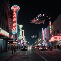 film still from blade runner, street scene, incredible lighting at night, neon street signs, flying cars, 1 9 8 0 s science fiction, vhs texture, astonishing details, film archive