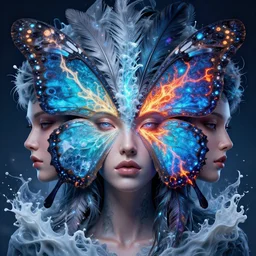 3 d goddess butterfly face portrait, sigma 5 0 0 mm f 4, face in the center, beautiful intricate highly detailed quetzalcoatl feathers. bioluminescent, plasma, lava, ice, milk, galaxy, artwork by tooth wu and wlop and beeple and greg rutkowski, 8 k trending on artstation, volumetric lighting