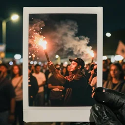 lomo photo of a man holding a flare in a a protest crowd, cinestill, bokeh, out of focus, night, dramatic lighting, streetlight