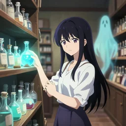 lomography, anime, portrait of a young woman in a alchemist's potion shop interior shopping, glowing, psycho pass, ghost in the shell, dynamic pose and perspective, dramatic lighting, detailed facial features, rounded eyes, sharpened image, yoshinari yoh