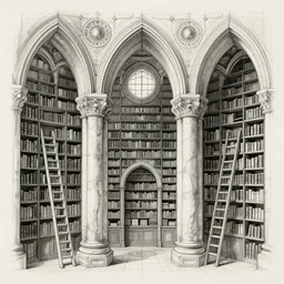 a grand library, arches, fantasy sketch, concept art, bookshelves, ladders, architecture, highly detailed
