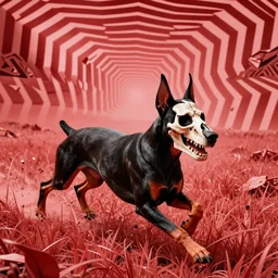pushead skeletal doberman pinscher running in a grassy field style of geoff darrow veterinary medical diagram aerial horror red monochrome optical illusion 1 0 2 4 x 1 0 2 4