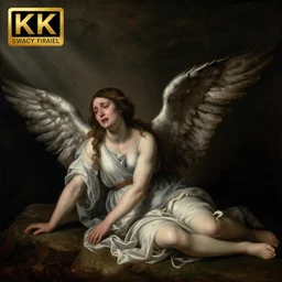 a woman fallen angel, crying and reaching with her arm, dark background, beam of light, dramatic, detailed, 8 k, realistic, award winning, renaissance painting