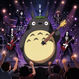 totoro in a black metal band in a concert, dressed like band metal kiss, marduk, mayhem, burzum, inmortal, a crowd cheering, a drummer, electric guitar, sparkles all around, fantasy digital art, wow, stunning, ghibli style, hight quality