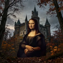 portrait spooky castle, fall, forest, dusk, autumn color palette, by leonardo da vinci