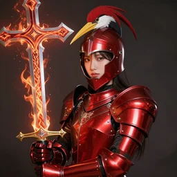 Yoohyeon from Dreamcatcher in scarlet red  holy knight armour wear a helmet  in the shape of heron cover upper half of his face, hold a cross sword with fire vertically,  high detailed, precise and neat Korean digital artist Sangood Jeong style, shiny, Western fantasy