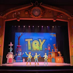 photo of a huge theaterstage, play is toy story, 3 actors on stage, 8 k, multicolored, exaggerated detailed, long shot
