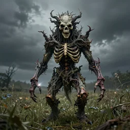 an incredibly scary and very very unique monster creature with animal, treelike and skeletal characteristics, symmetry, ancient folk legend in a meadow, extremely creative, detailed, gloomy, flash, lens flare, 1 8 mm lens, digital medium format professional photography
