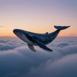a whale flying in the clouds at twilight