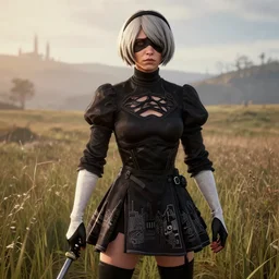 Film still of 2B nier automata wearing skintight clothes in a field, from Red Dead Redemption 2 (2018 video game), trending on artstation, artstationHD, artstationHQ