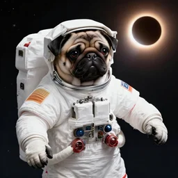 hyper realistic, highly detailed, astronaut pug in space. solar eclipse in back.