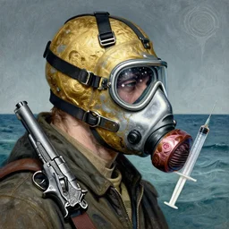 portrait of a spy wearing oxygen mask, has gold, silver, starry, rose, a pistol and a syringe needle with sea background intricate details with horror side profile by Sandra Chevrier and bastien lecouffe deharme, intuitive