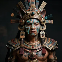 editorial photo portrait of aztec jaguar warrior with glowing tribal futuristic tattoos on face, warrior body, photo by mario testino, cinematic, hyper detailed, micro details, insanely detailed, trending on artstation, concept art, insanely detailed and intricate