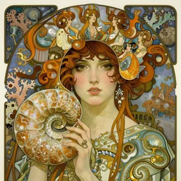 realistic detailed face portrait of an elaborately dressed beautiful ammonite witch by alphonse mucha, ayami kojima, amano, charlie bowater, karol bak, greg hildebrandt, jean delville, and mark brooks, art nouveau, pre - raphaelite, gothic, neogothic, coral reef by ernst haeckel, fantasy character concept design, moody colors