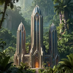 futuristic cyberpunk skyscrapers with detailed gothic styled decorations, surrounded by the amazon jungle, hd, 8 k, octane render, christophe vacher
