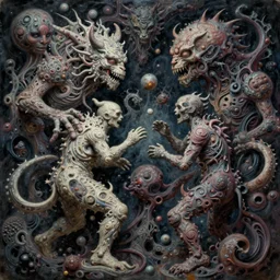 hyper detailed fine painting with strange and complex textures of a being with chaotic shapes and deformed monsters inside, all fighting each other like subversive and changing particles, surreal cosmic horror