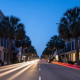 charleston, south carolina, landscape, cityscape, broad street, vanishing point, traffic light trails, dawn, blue hour, 2 4 mm, f / 1 6, long exposure, rule of thirds