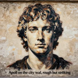 “Stencil mask portrait of Apollo on the city wall, rough but striking”