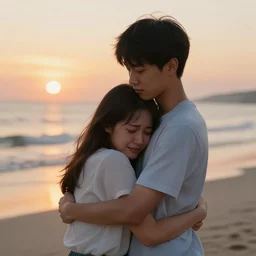 a boy hugging a crying girl on the beach, sunset, hyper realistic, extremely detailed, raytracing, art by artgerm, greg rutkowski and alphonse mucha, wlop, artstation, octane render
