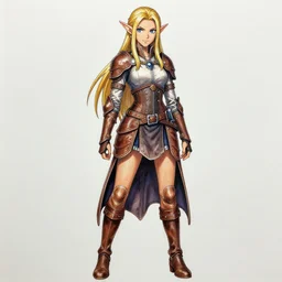 highly detailed manga full-body line art portrait of a beautiful elf with tan skin in leather armor, very detailed, realistic, colorful