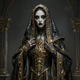 highly detailed 8 k nekro dark fantasitc veiled medium shot portrait character design of catholic gothic ghost, bastien lecouffe - deharme, robert mcginnis, artstation, maximalist, masterpiece, glittering, gold, silver, ivory, hyperreal