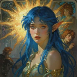 stunning, breathtaking, awe-inspiring award-winning concept art nouveau painting of attractive Asian elf nymph with blue hair and elf ears, as the goddess of the sun, with anxious, piercing eyes, by Alphonse Mucha, Michael Whelan, William Adolphe Bouguereau, John Williams Waterhouse, and Donato Giancola, cyberpunk, extremely moody lighting, glowing light and shadow, atmospheric, cinematic, 8K