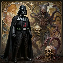 side shot of platonic ideal star wars, malignant dieselpunk and god complex dementor wild hunt chtulu nazgul mandelbulb fantasy, ego death, detailed, darth vader, intricate, volumetric lighting, hyperrealism, intense, scary, decay, artgerm, davinci, ralph mcquarrie, alphonse mucha, empire symbol,
