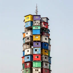 a tower made up of makeshift squatter shacks with bright colours, mamiya, 8 5 mm, f 1. 7, uniform plain sky, digital glitches, photographed by nick knight