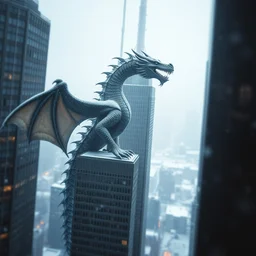 award winning photo by saul leiter of a giant dragon standing on a skyscraper, tiny gaussian blur, insanely detailed, insanely intricate, depth of field, low contrast, snowy, wide aperture