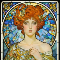 head-on symmetrical centered painted portrait,  female pixie, art nouveau, tarot card style, stained glass wings, fantasy, intricate, elegant, highly detailed, smooth, sharp focus, illustration, artstation, in the style of Artgerm and Anna Podedworna and Alex Ross and Mucha