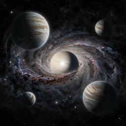 a vast dark galaxy with five clearly visible big planets, intricate, highly detailed, digital painting, concept art, illustration, deep dark, artstation, Profound and vast, black, by Gioele Muscolino