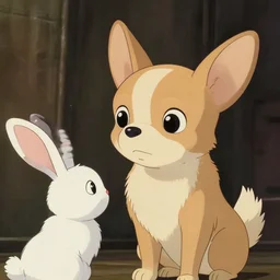 a key shot of chihuahua looking at bunny animation at mid-day, medium shot, waist up, studio Ghibli, Pixar and Disney animation, sharp, key art by Greg Rutkowski, dramatic lighting, flat texture