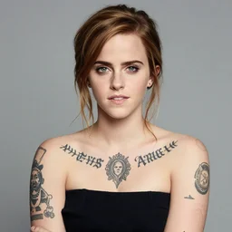 Portrait photo of Emma Watson with many tattoos