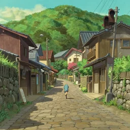 Small village with cobblestone roads in the style of Hayao Miyazaki