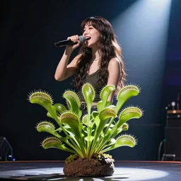 Venus fly trap plant holding a microphone and singing on stage in the spotlight, hyperrealistic