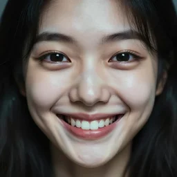 a manically smiling female korean human face with hypnotizing souless eyes, uncanny valley, disturbing, weird,