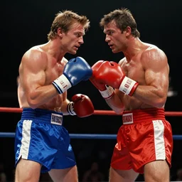 michael fassbender in blue boxing shorts boxing dolph lundgren in red boxing shorts, spotlight shines on their sweaty skin, scene from the movie rocky, matte painting by gaston bussiere, craig mullins, j. c. leyendecker