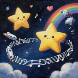 painting of music notes in space, cartoon star in space, rocket ships flying through space, tv floating through space, hearts in space, clouds in space, rainbow in space, cinematic, insanely detailed and intricate, hypermaximalist, elegant, super detailed