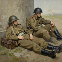 ww2 soldiers resting a beautiful matte painting trending on artstation, simon stalenhag and jacub rozalski, hyperdetailed
