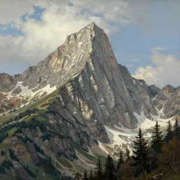 huge mountain ascending into the sky tall mountain alps in the style of Ansel Adams, Thomas Cole and Gustave dore