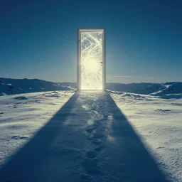 the first snow on a young earth, majestic landscape, long shadows, glowing fractal door in the sky, still frame from the voyage of time movie by terrence malick with cinematogrophy of emmanuel lubezki with art direction of giger, arri alexa, ultra wide anamorphic lens flares, 8 k