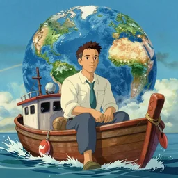 Tom hanks as forrest gump sitting in a giant shrimp boat, majestic beautiful world, digital art, amazing detail, artstation, in the style of hayao miyazaki