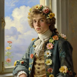 medium - shot, young handsome man 1 7 years old, darken golden hair, flowers, 1 8 th century clothes, laces, flowers, by the window, clouds, flowers, sharp focus, highly detailed, digital art, oil painting, masterpiece, artgerm, rutkowski, mucha, kojima, kinkade