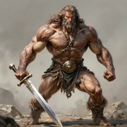 by Frank Frazetta style, barbarian with extraordinary muscle structure with long sword, wide view, well-defined anatomy, high quality details, deep depth of field, denoise