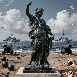 portrait, oceanic naval battles, cannonballs, war, seagulls, famine, death, wide angle, puffy clouds, skies behind, stars in sky, italian masterpiece, Ashford Black Marble, sculpture, baroque, draped with water and spines, drapes, white details, still life, Obsidian, portrait, worms, render, artstation, ultra detailed