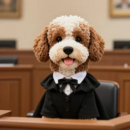 a closeup photorealistic photograph of a cute smiling knitted bernedoodle judge dog dressed in a black gown, presiding over the courthouse. indoor image, professional capture, well lit shot. this 4 k hd image is trending on artstation, featured on behance, well - rendered, extra crisp, features intricate detail, epic composition and the style of unreal engine.