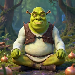 spiritual meditation into shrek, hey now you're an all - star, looks like ogre but cant seem to confirm, cinematic lighting, psychedelic photoluminescence, various refining methods, micro macro autofocus, ultra definition, award winning photo, onions, swamp, devianart craze