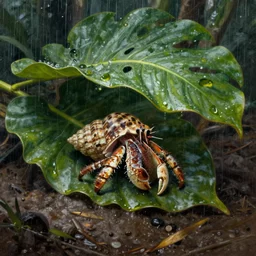 A terrestrial hermit crab sleeping underneath a large tropical leaf, rainy, painting by Simon Stålenhag,