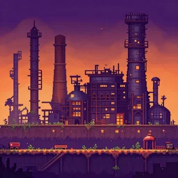 a pixel art abandoned overgrown factory in the style of fez and celeste, atmospheric, orange and purple color scheme