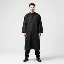 masked barber with scissors, photorealistic portrait photography, full body, standing, isolated on a pure white background, centered, whole figure in frame, sharp focus, studio lighting